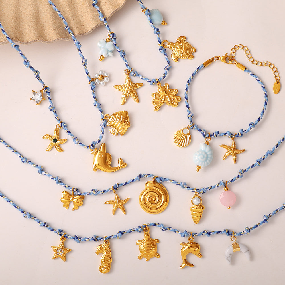 Blue Rope Braided Ocean-themed Pendant Set, Featuring Starfish, Dolphins, And Sea Turtles, Multi-dangling Necklace And Bracelet.