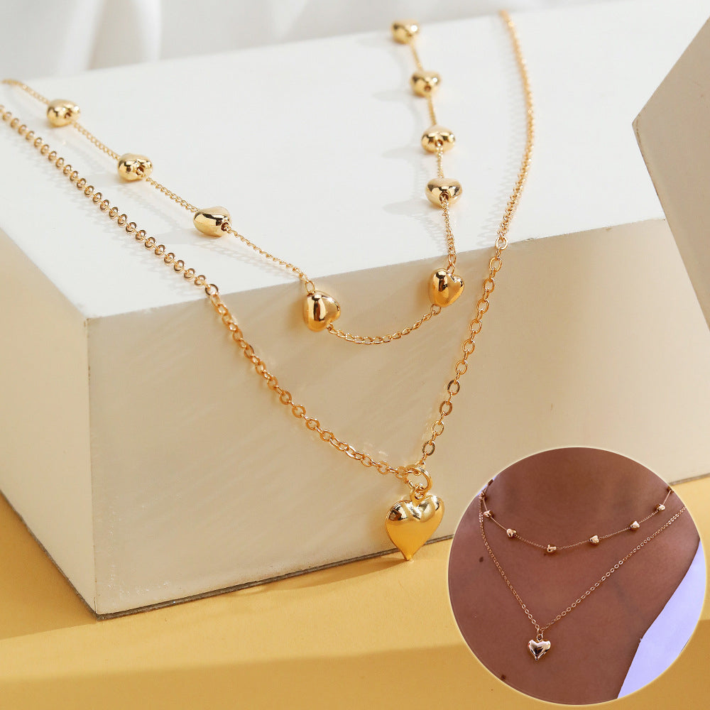 Double-layer Chain with Heart Pendant Multilayered Gold Color Metal Necklaces Fashionable Accessories