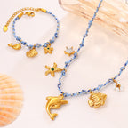 Blue Rope Braided Ocean-themed Pendant Set, Featuring Starfish, Dolphins, And Sea Turtles, Multi-dangling Necklace And Bracelet.
