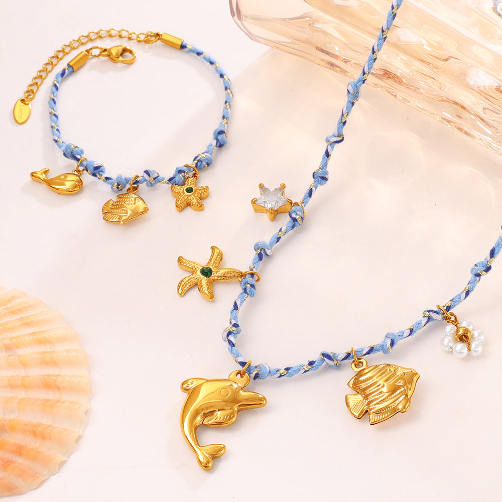 Blue Rope Braided Ocean-themed Pendant Set, Featuring Starfish, Dolphins, And Sea Turtles, Multi-dangling Necklace And Bracelet.