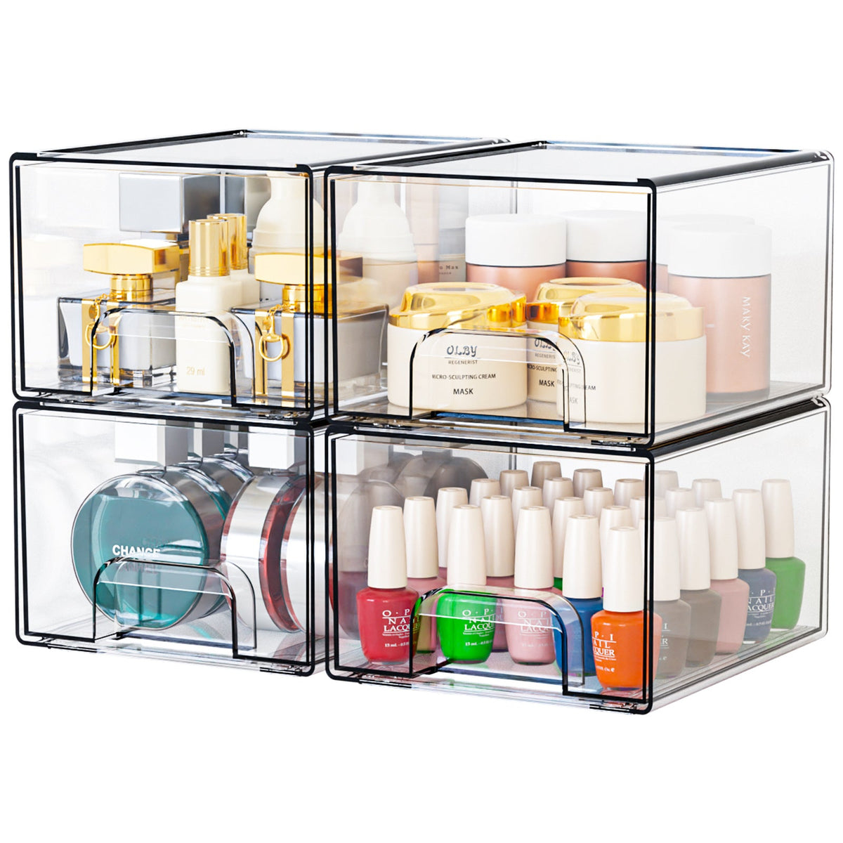 1 2 4 Pack Clear Stackable Storage Drawers, 11.2cm, 4.4in Tall Acrylic Bathroom Makeup Organizer,Plastic Storage Bins For Vanity, Undersink, Kitchen Cabinets, Pantry, Home Organization | Orazek UK Ltd