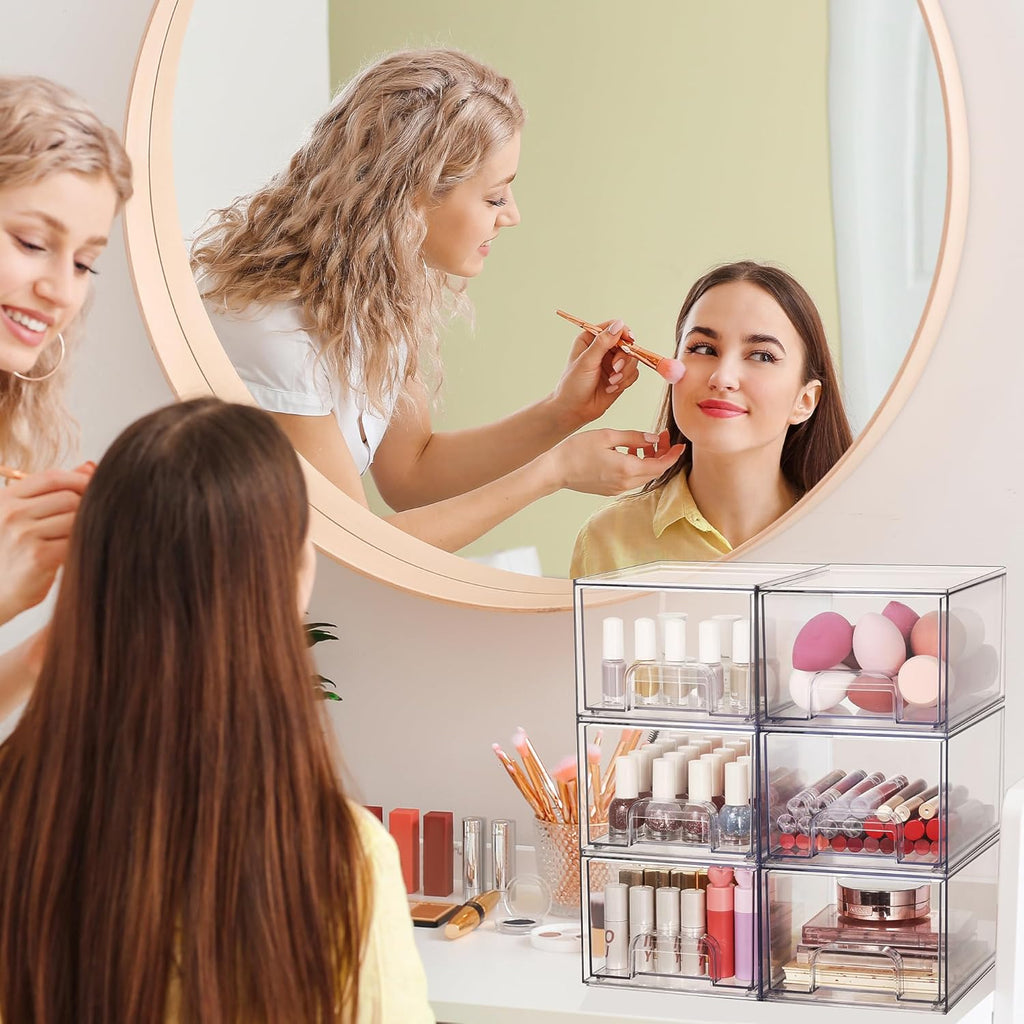 1 2 4 Pack Clear Stackable Storage Drawers, 11.2cm, 4.4in Tall Acrylic Bathroom Makeup Organizer,Plastic Storage Bins For Vanity, Undersink, Kitchen Cabinets, Pantry, Home Organization | Orazek UK Ltd
