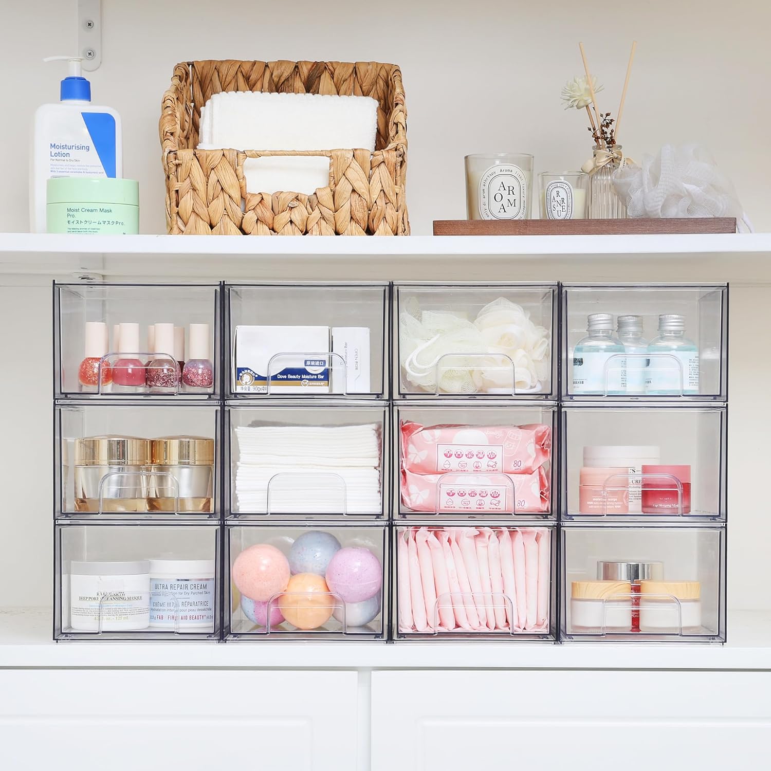 1 2 4 Pack Clear Stackable Storage Drawers, 11.2cm, 4.4in Tall Acrylic Bathroom Makeup Organizer,Plastic Storage Bins For Vanity, Undersink, Kitchen Cabinets, Pantry, Home Organization | Orazek UK Ltd