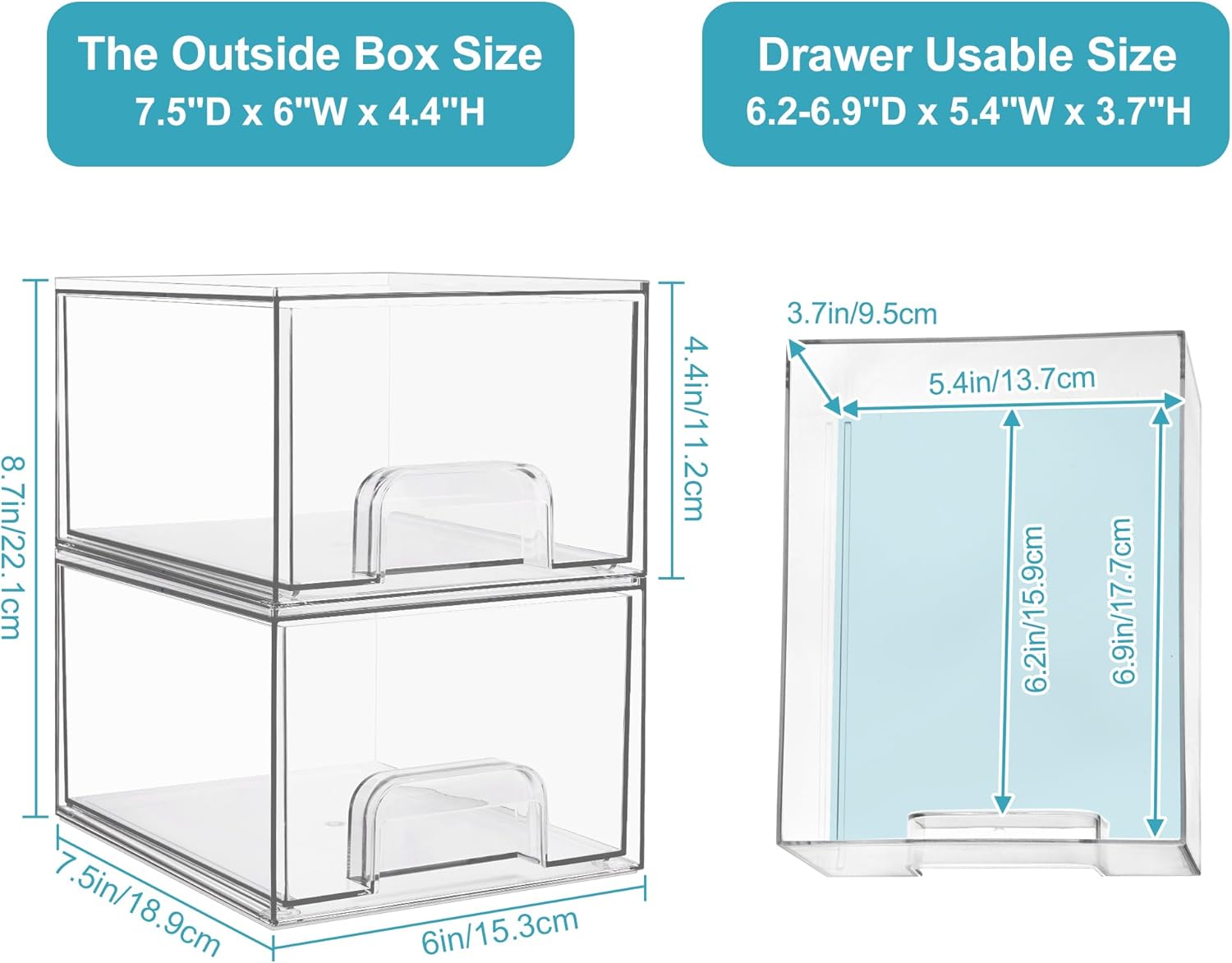 1 2 4 Pack Clear Stackable Storage Drawers, 11.2cm, 4.4in Tall Acrylic Bathroom Makeup Organizer,Plastic Storage Bins For Vanity, Undersink, Kitchen Cabinets, Pantry, Home Organization | Orazek UK Ltd