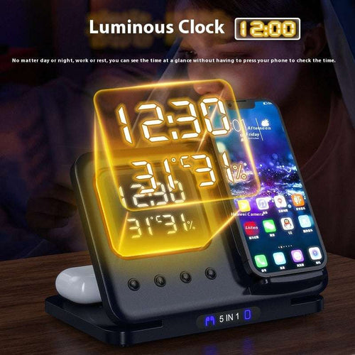 15W Wireless Chargers Stand 5 In1 LED Digital Alarm Clock Fast Charging Dock Station | Orazek UK Ltd