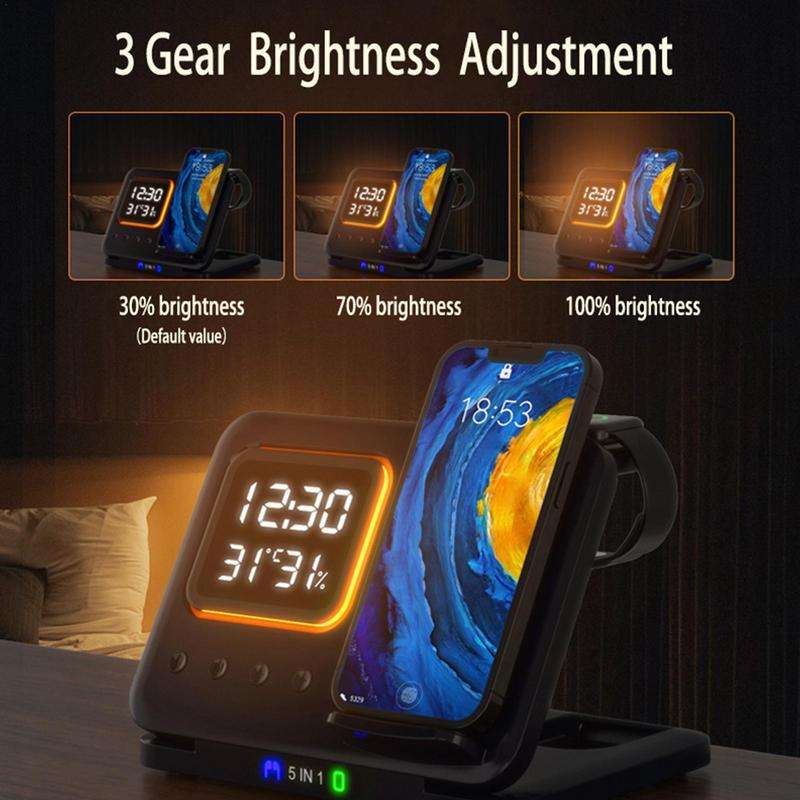 15W Wireless Chargers Stand 5 In1 LED Digital Alarm Clock Fast Charging Dock Station | Orazek UK Ltd
