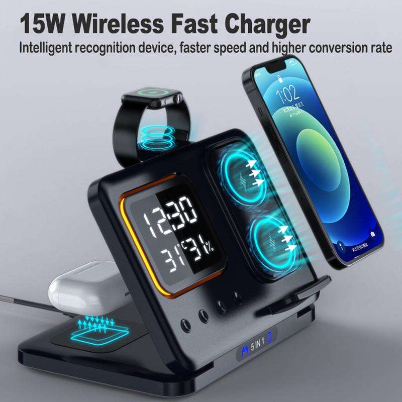 15W Wireless Chargers Stand 5 In1 LED Digital Alarm Clock Fast Charging Dock Station | Orazek UK Ltd