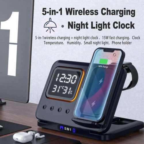 15W Wireless Chargers Stand 5 In1 LED Digital Alarm Clock Fast Charging Dock Station | Orazek UK Ltd