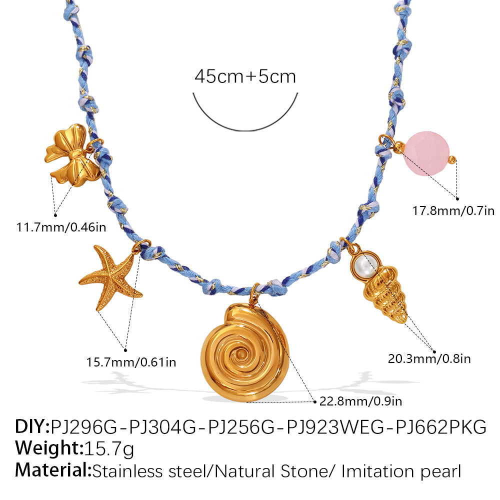 Blue Rope Braided Ocean-themed Pendant Set, Featuring Starfish, Dolphins, And Sea Turtles, Multi-dangling Necklace And Bracelet.
