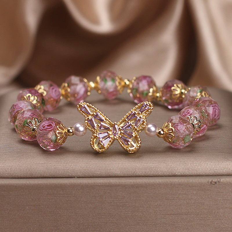Cherry Blossom Glaze Hollow Zircon Butterfly Bracelet