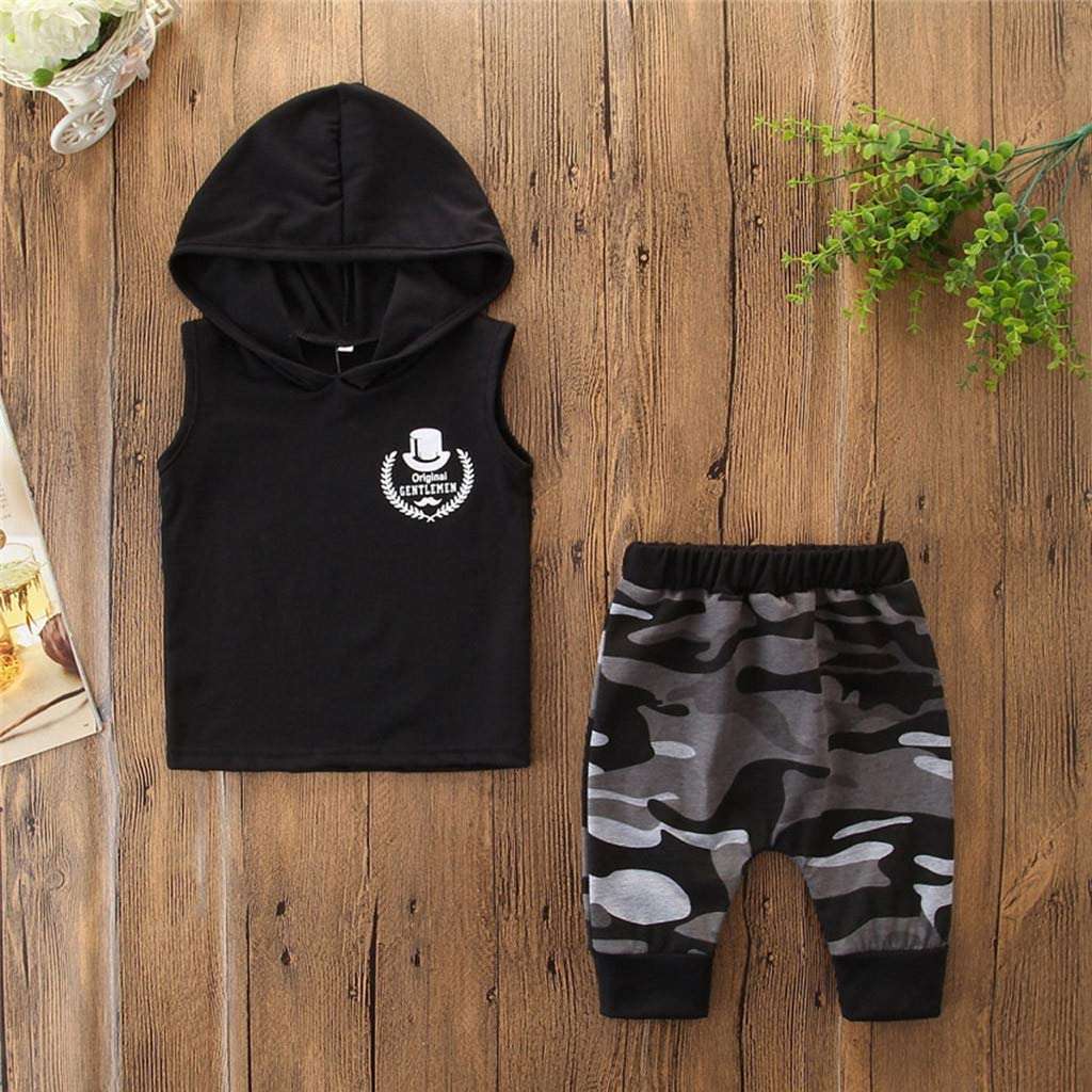 2PCS Toddler Kids Baby Boy Sleeveless Hooded Clothes T-shirt Tops Camo Pants Outfits Orazek UK Ltd