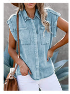 New Style Sleeveless Denim Shirt Straight Pocket Loose Blouse Women