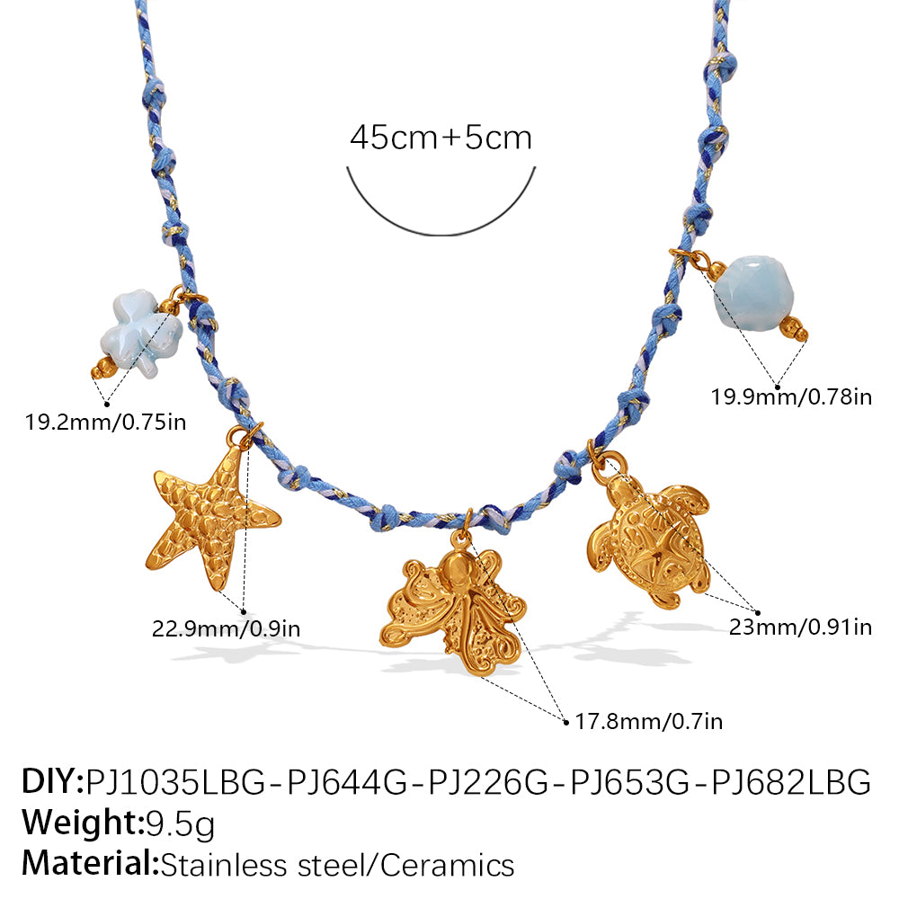 Blue Rope Braided Ocean-themed Pendant Set, Featuring Starfish, Dolphins, And Sea Turtles, Multi-dangling Necklace And Bracelet.