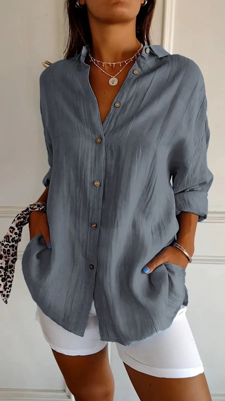 Women's Single-breasted Pleated Blouse Lapel Long Sleeve Shirt