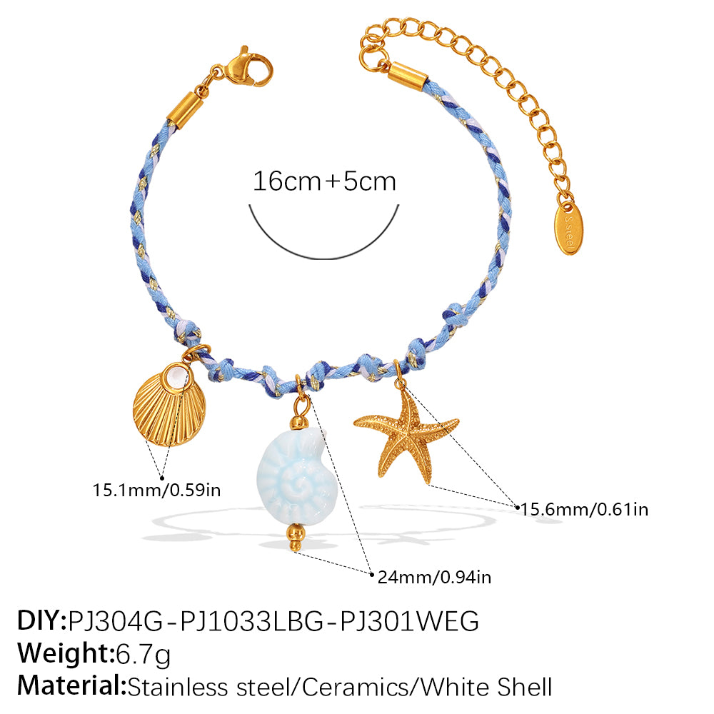Blue Rope Braided Ocean-themed Pendant Set, Featuring Starfish, Dolphins, And Sea Turtles, Multi-dangling Necklace And Bracelet.