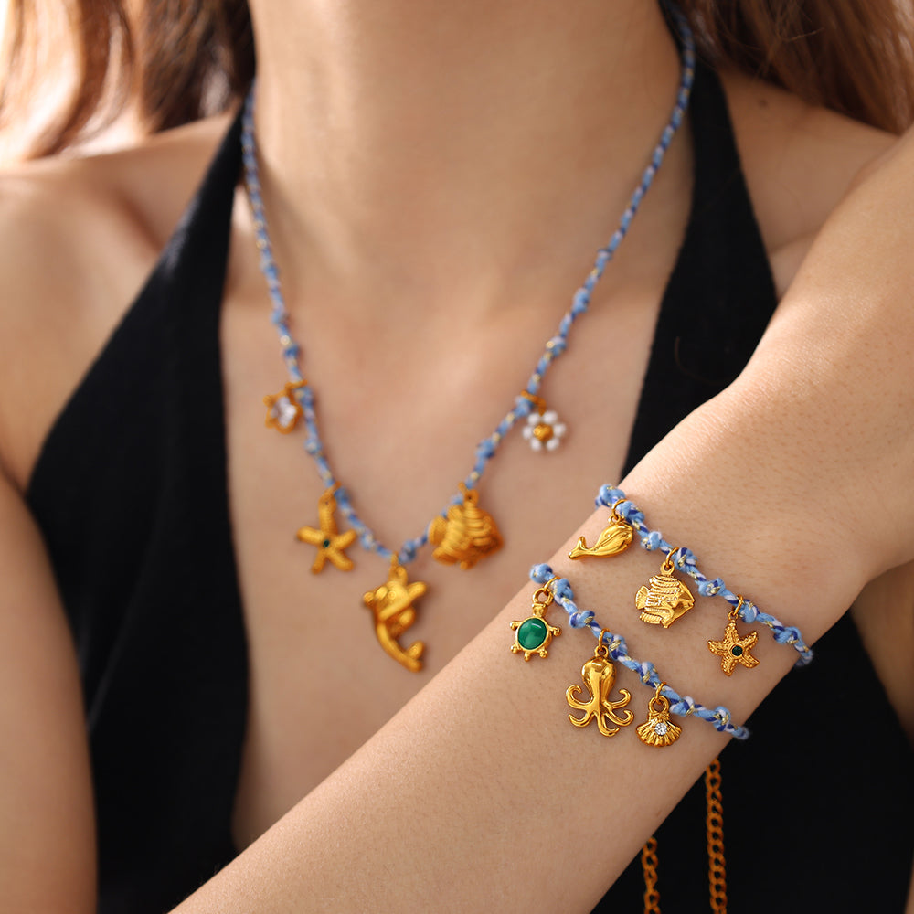 Blue Rope Braided Ocean-themed Pendant Set, Featuring Starfish, Dolphins, And Sea Turtles, Multi-dangling Necklace And Bracelet.