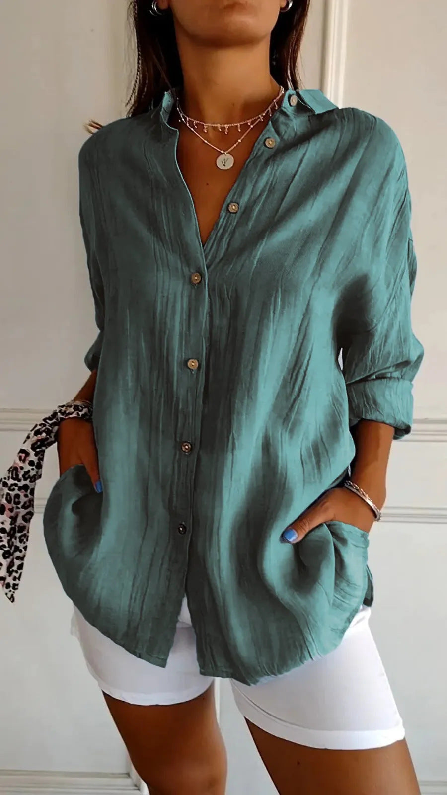 Women's Single-breasted Pleated Blouse Lapel Long Sleeve Shirt