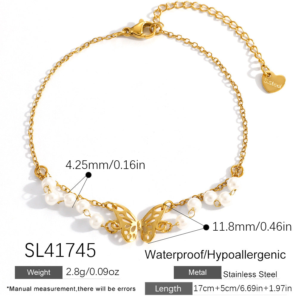 Stainless Steel Necklace With Butterfly And Pearl Wings Layered Light Luxury Style