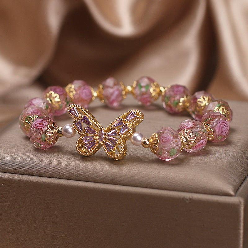 Cherry Blossom Glaze Hollow Zircon Butterfly Bracelet