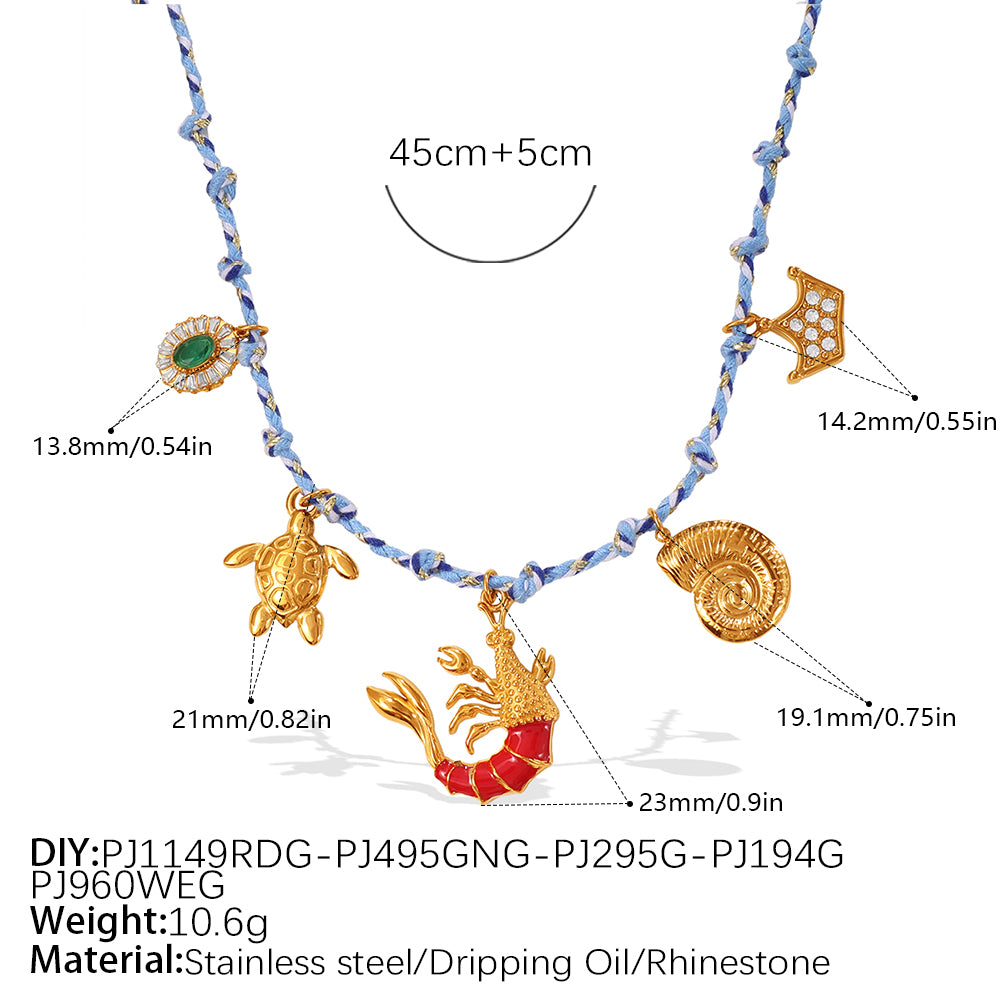 Blue Rope Braided Ocean-themed Pendant Set, Featuring Starfish, Dolphins, And Sea Turtles, Multi-dangling Necklace And Bracelet.