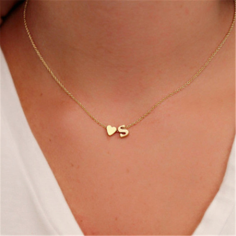 Gold Plated Peach Heart and Initials Letter Alphabate Statement Necklace for Woman