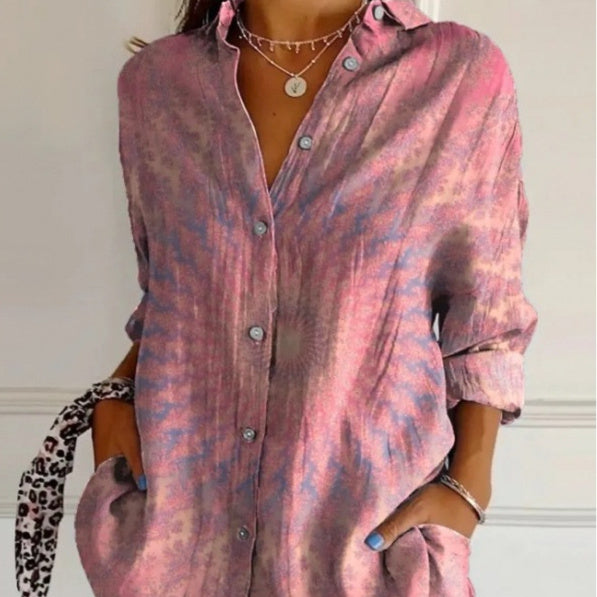 Women's Single-breasted Pleated Blouse Lapel Long Sleeve Shirt