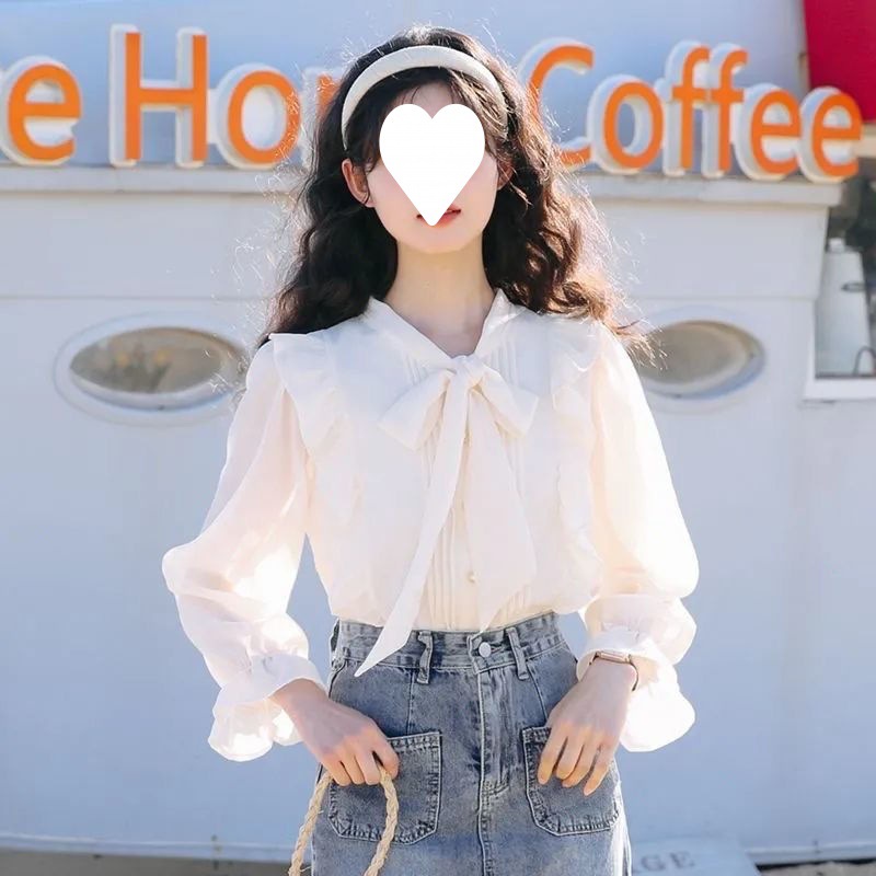 Bow-tie Chiffon Blouse Womens Ruffled Base Shirt