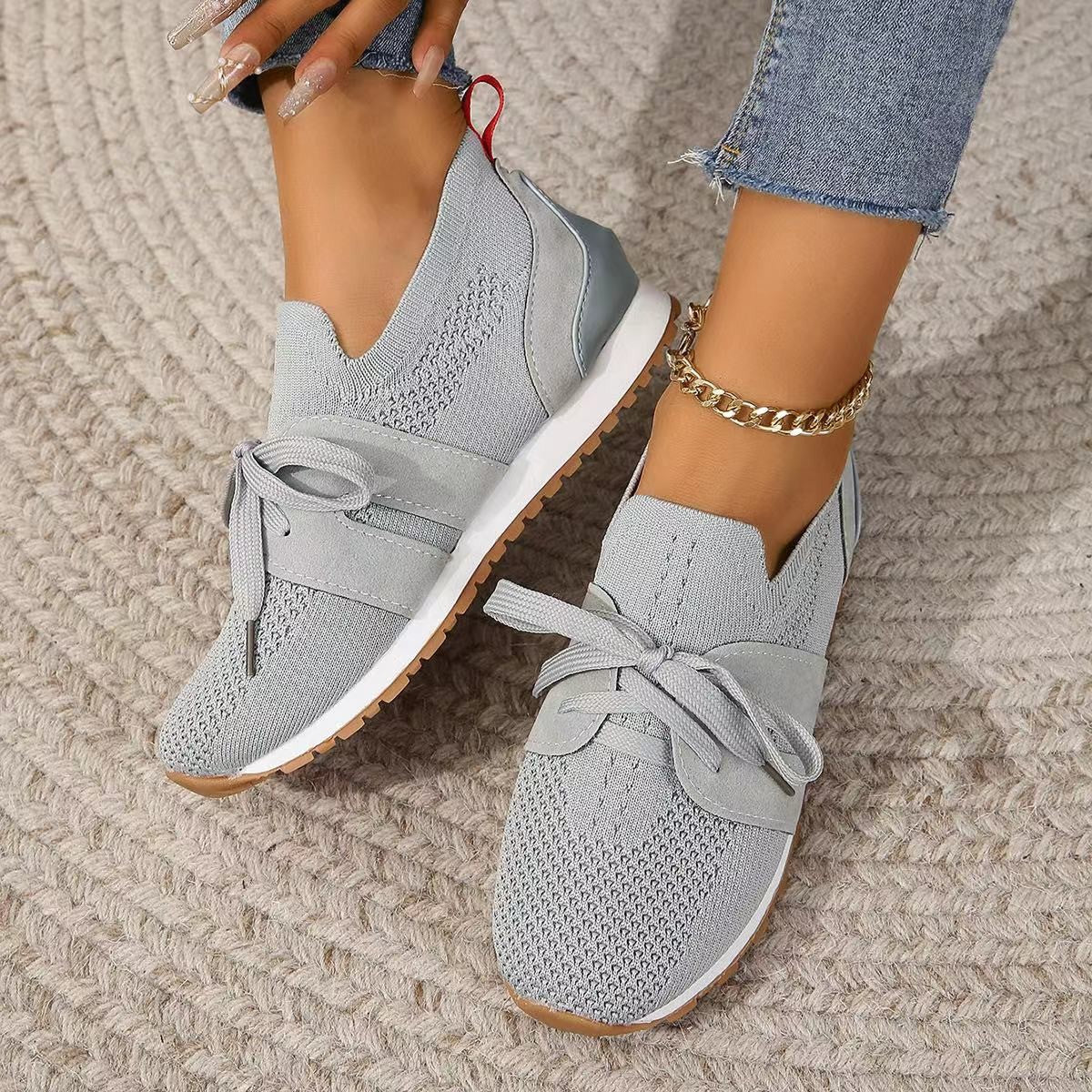 New Lace Up Mesh Flats Breathable Casual Breathable Walking Wedges Shoes For Women