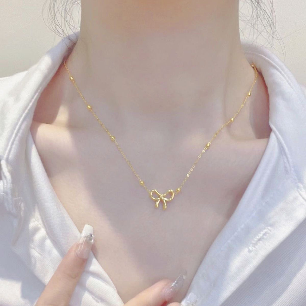 Titanium Steel Non Fading Cute Hollow Bow Pendant Necklace