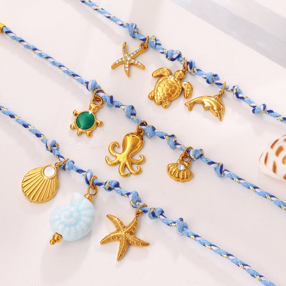 Blue Rope Braided Ocean-themed Pendant Set, Featuring Starfish, Dolphins, And Sea Turtles, Multi-dangling Necklace And Bracelet.
