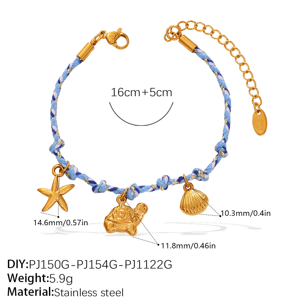 Blue Rope Braided Ocean-themed Pendant Set, Featuring Starfish, Dolphins, And Sea Turtles, Multi-dangling Necklace And Bracelet.