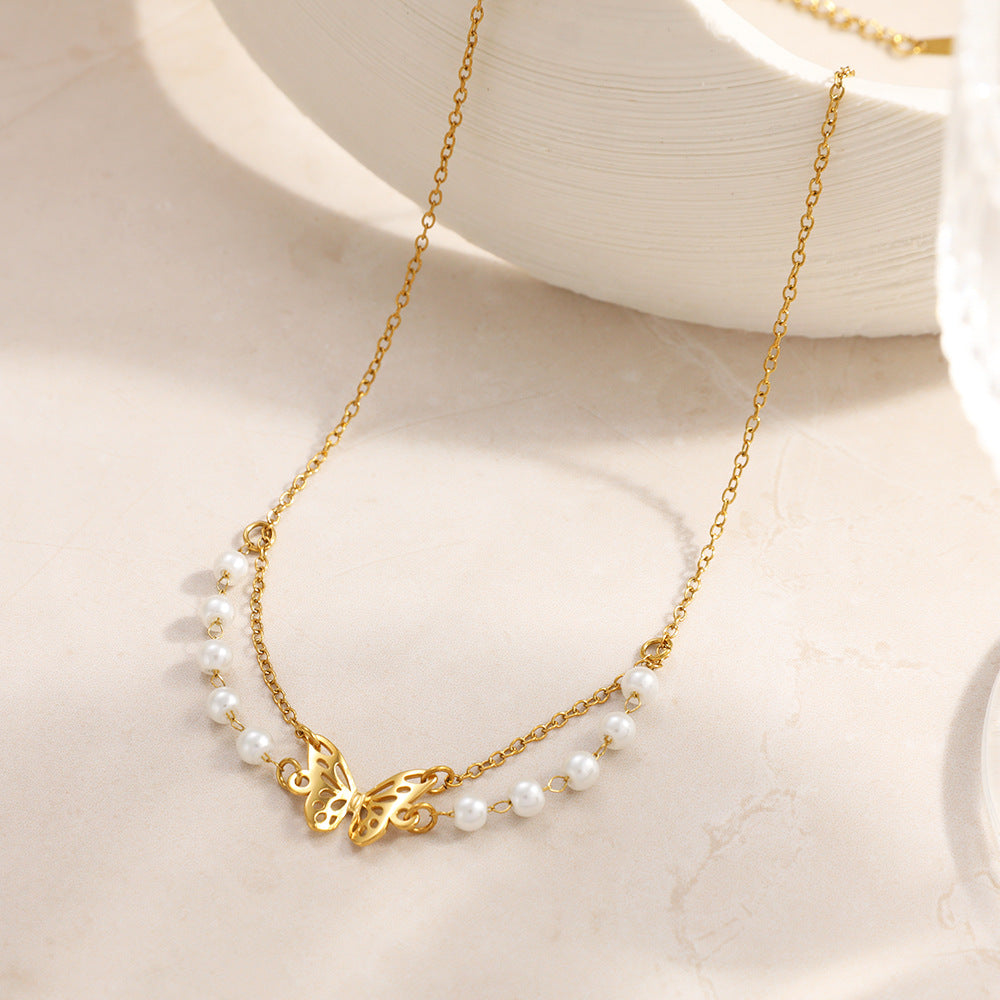 Stainless Steel Necklace With Butterfly And Pearl Wings Layered Light Luxury Style