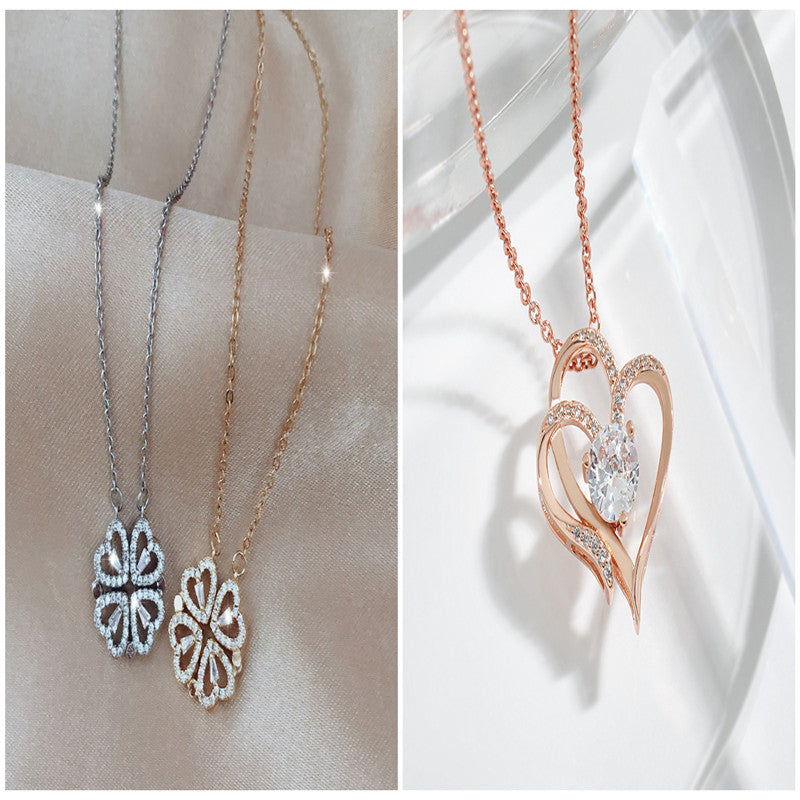 Explosive Detachable Cubic Zircon Heart Shape Four-leaf Clover Necklace Pendant For Women