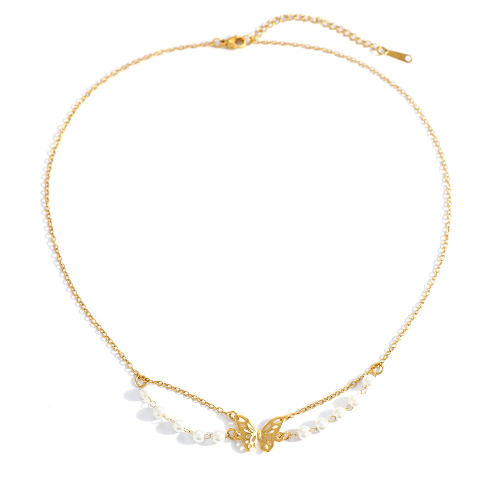 Stainless Steel Necklace With Butterfly And Pearl Wings Layered Light Luxury Style