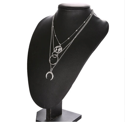 Fashionable Multilayer Gold Plated Boho Moon Map Necklace for Woman