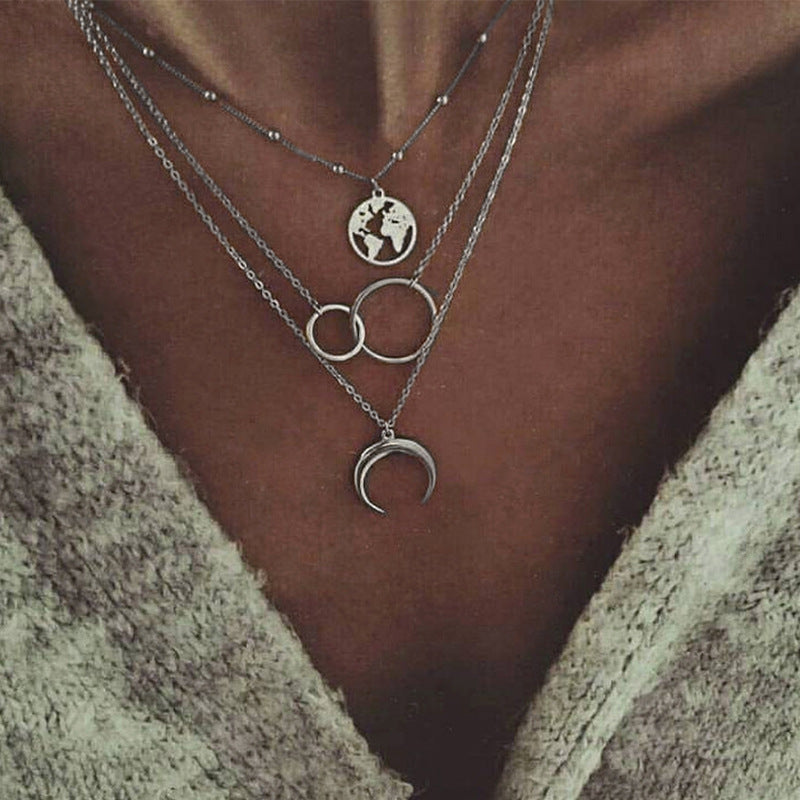 Fashionable Multilayer Gold Plated Boho Moon Map Necklace for Woman
