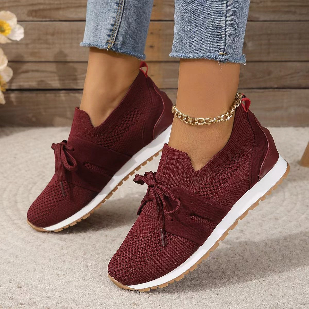 New Lace Up Mesh Flats Breathable Casual Breathable Walking Wedges Shoes For Women