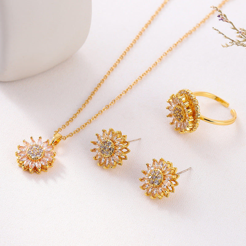 Classic Charm Sunflower Flower Stainless Steel Necklace Earrings Fashion Exquisite Micro Seed Jewelry Ring