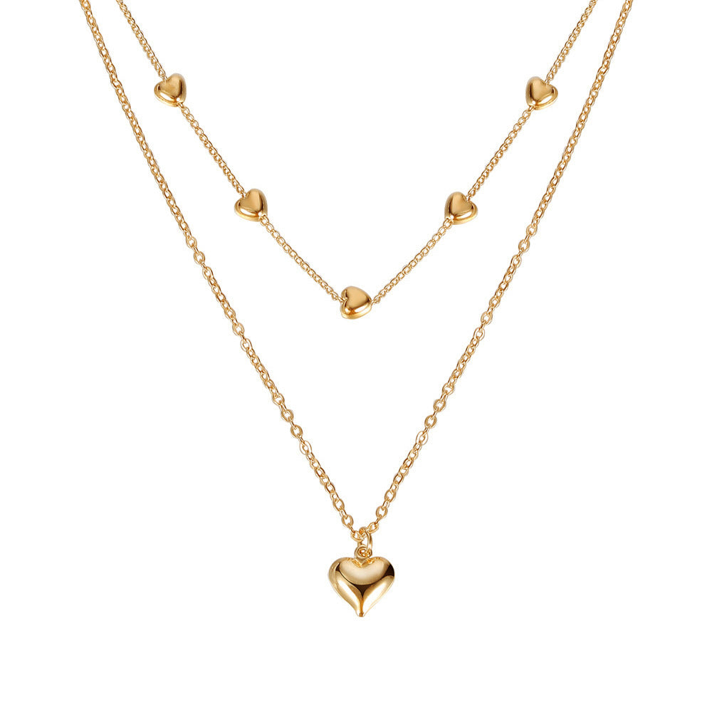 Double-layer Chain with Heart Pendant Multilayered Gold Color Metal Necklaces Fashionable Accessories