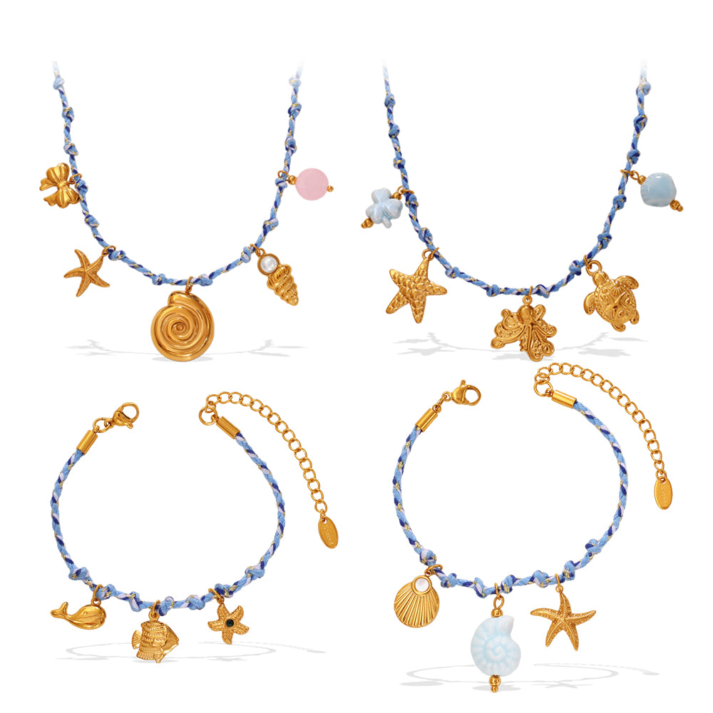 Blue Rope Braided Ocean-themed Pendant Set, Featuring Starfish, Dolphins, And Sea Turtles, Multi-dangling Necklace And Bracelet.