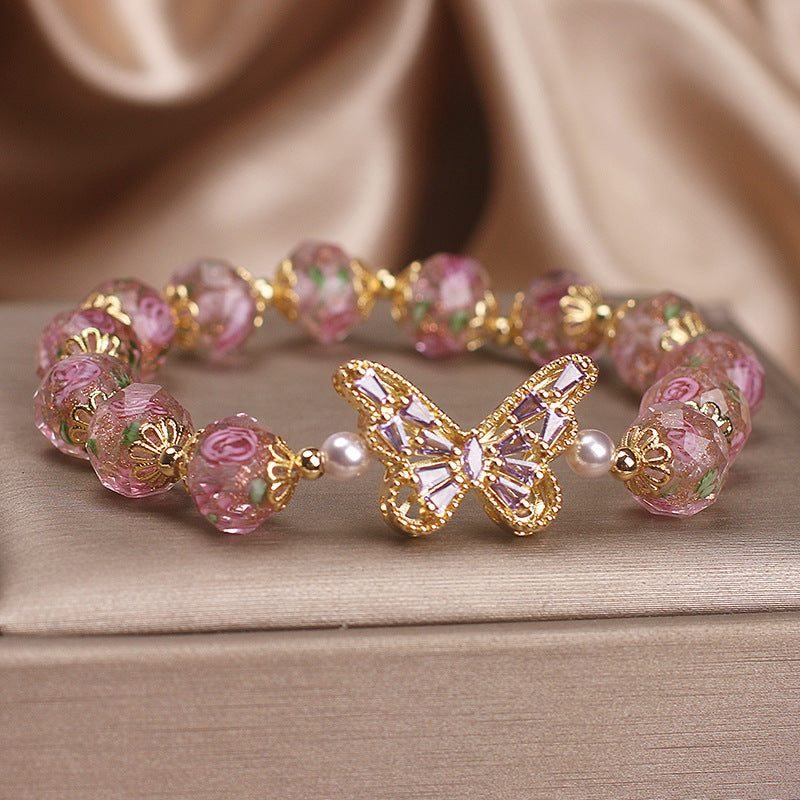 Cherry Blossom Glaze Hollow Zircon Butterfly Bracelet