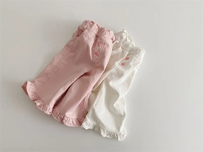 2024 Autumn New Girl Pants Baby Casual Ruffle Wide Leg Pants Children Trendy Autumn Trousers Loose Solid High Waist Bell-bottoms