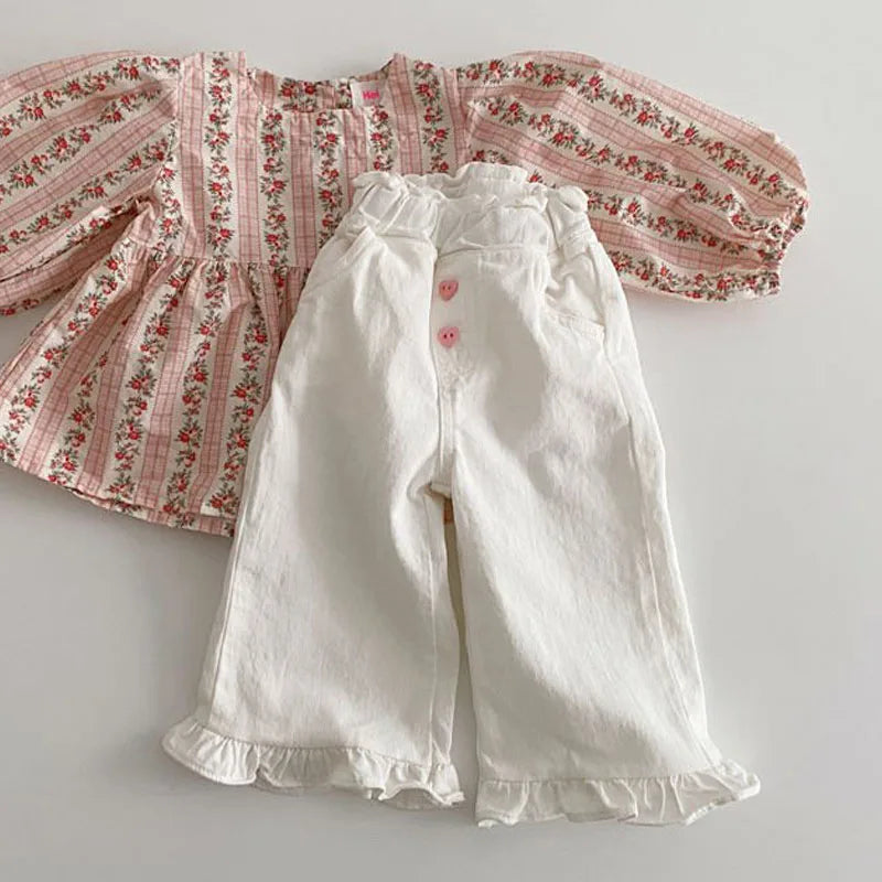2024 Autumn New Girl Pants Baby Casual Ruffle Wide Leg Pants Children Trendy Autumn Trousers Loose Solid High Waist Bell-bottoms