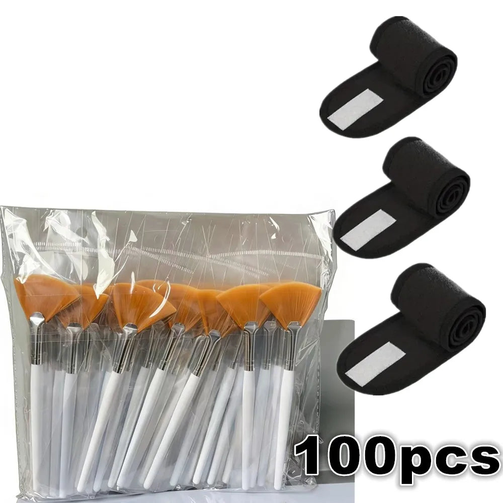 25/50/100pcs/Set Soft Portable Facial Brushes Fan Makeup Brushes with 3pcs Spa Headband Hair Wrap Skincare Tools for Face Mask