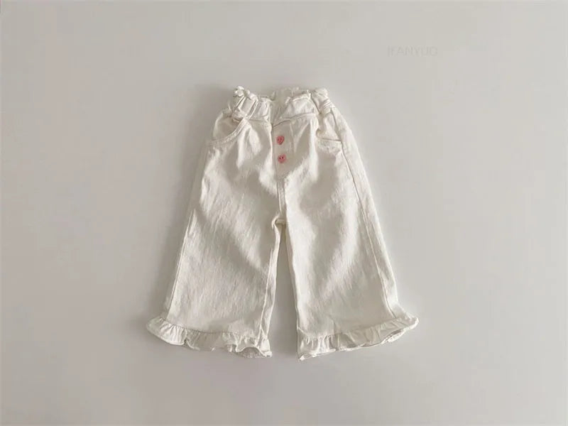 2024 Autumn New Girl Pants Baby Casual Ruffle Wide Leg Pants Children Trendy Autumn Trousers Loose Solid High Waist Bell-bottoms