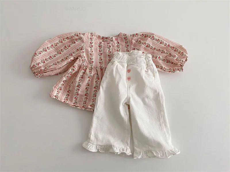 2024 Autumn New Girl Pants Baby Casual Ruffle Wide Leg Pants Children Trendy Autumn Trousers Loose Solid High Waist Bell-bottoms
