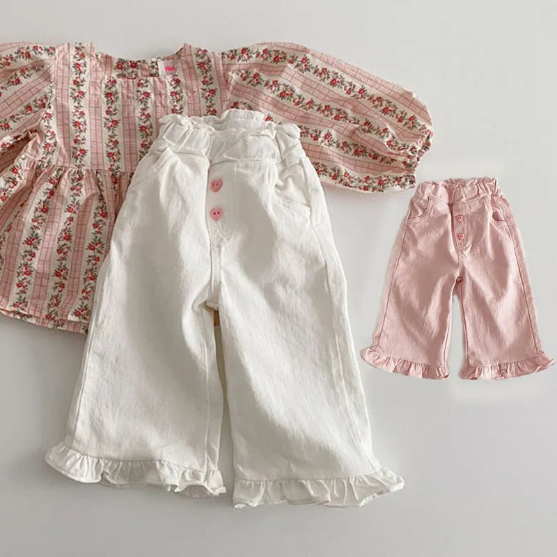 2024 Autumn New Girl Pants Baby Casual Ruffle Wide Leg Pants Children Trendy Autumn Trousers Loose Solid High Waist Bell-bottoms