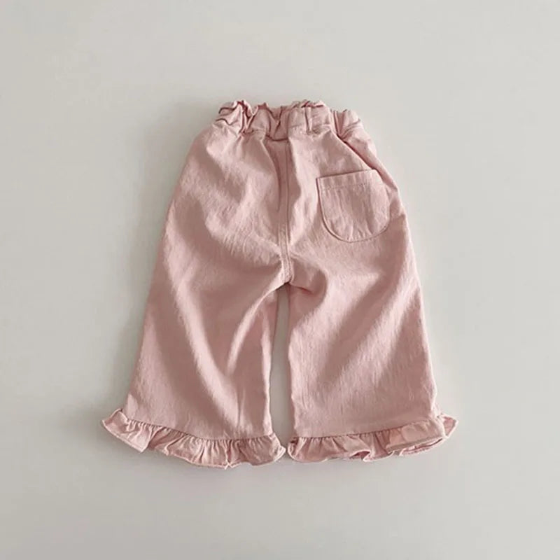 2024 Autumn New Girl Pants Baby Casual Ruffle Wide Leg Pants Children Trendy Autumn Trousers Loose Solid High Waist Bell-bottoms