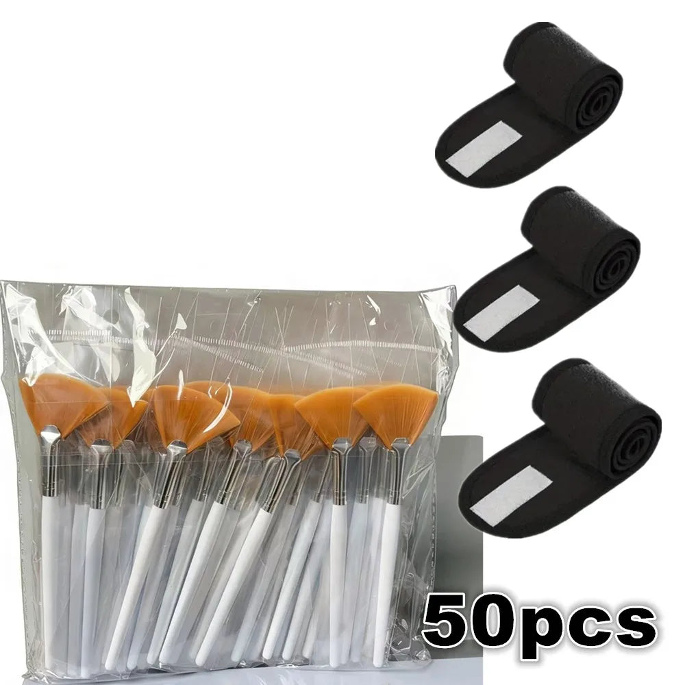 25/50/100pcs/Set Soft Portable Facial Brushes Fan Makeup Brushes with 3pcs Spa Headband Hair Wrap Skincare Tools for Face Mask