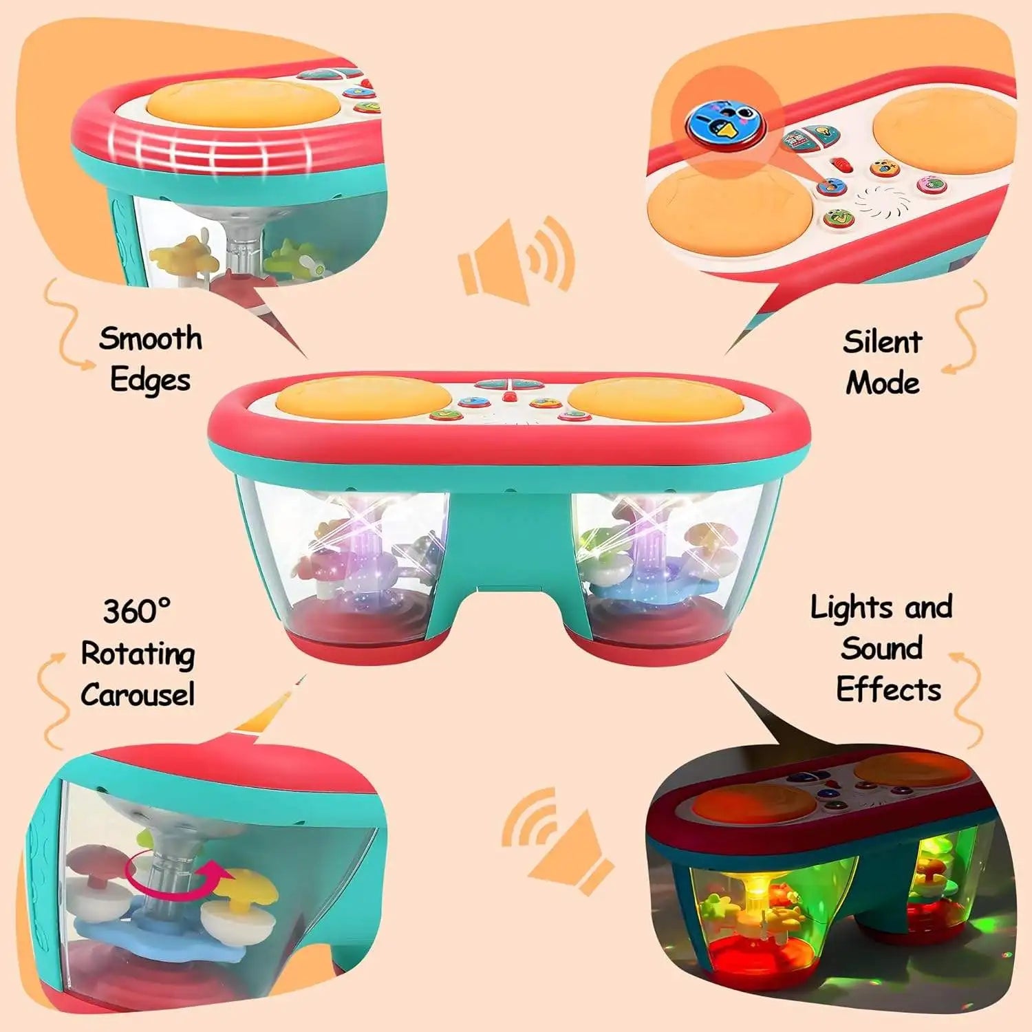Children's Multifunctional Music Toy, Electronic Hand-played Drum, with Flashing Lights and Sound Effects, Accompany Baby's Grow